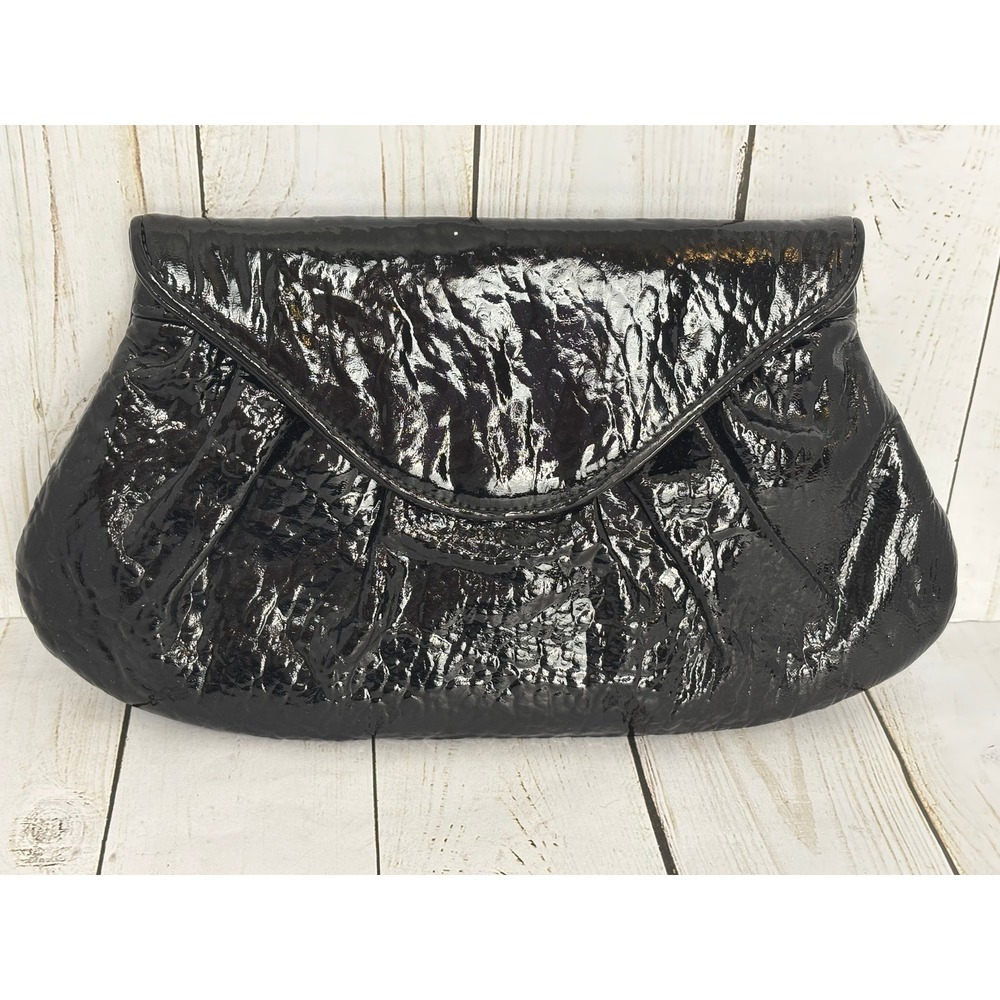 Lauren Merkin Black Crinkled Patent Leather Pleated Clutch Bag Made in NYC